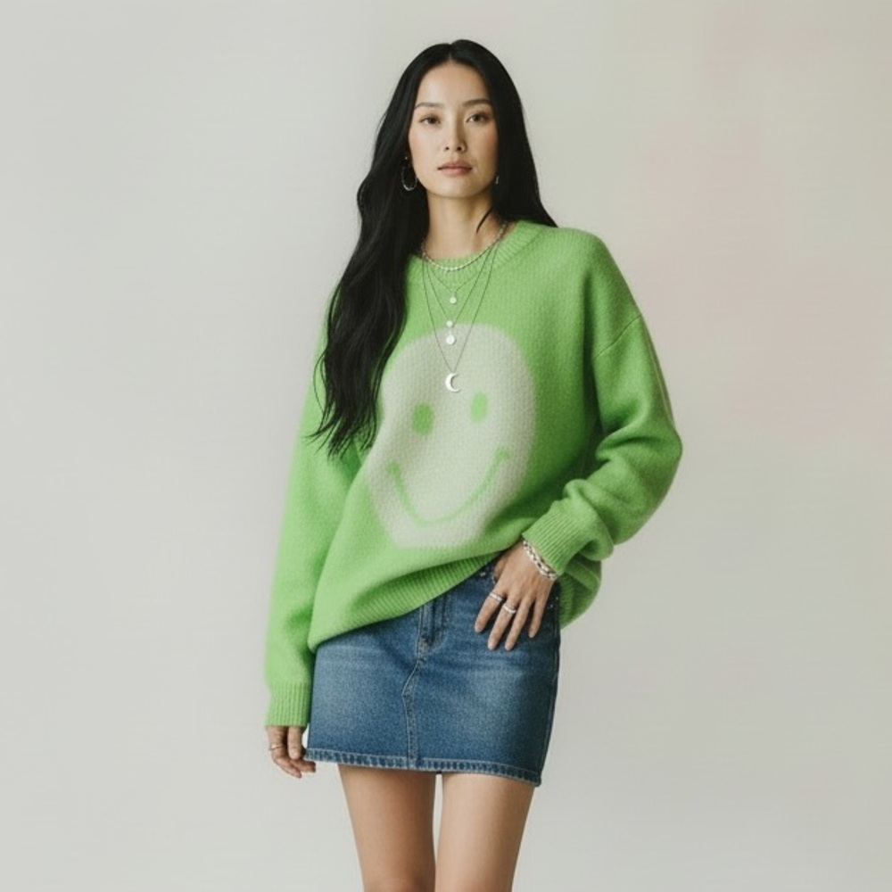 Green Smiley Crewneck Sweater - Casual Women’s Knit